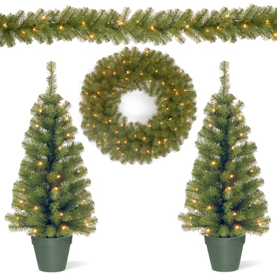 4-Piece Pre-Lit Artificial Christmas Entrance Trees, Garland & Wreath, Warm White LED Lights By National Tree Company in Green | Michaels®